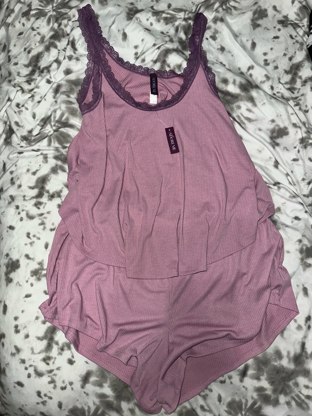 Adore Me Mauve Ribbed Lace-Trim pajamas
